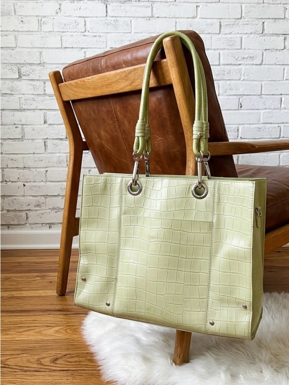 Wilsons Leather Croc-Embossed Tote in Light Green